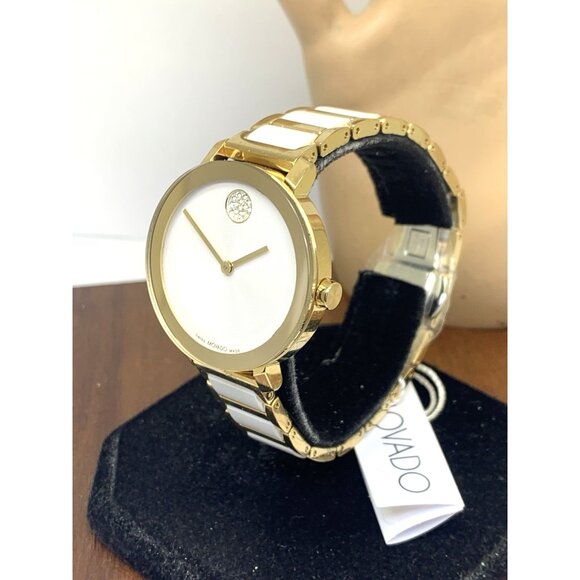 Movado Womens Watch 3601238 Bold White Dial Gold Swiss Quartz Ceramic Steel 34mm